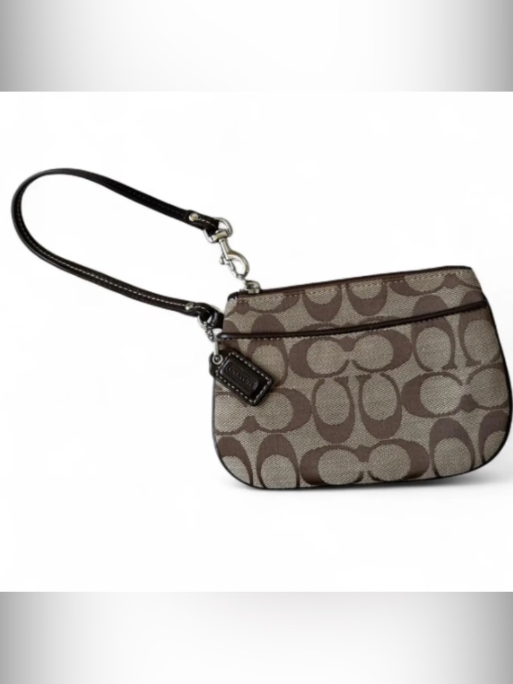 Coach Vintage Khaki Signature Jacquard Canvas Wristlet with Purple Satin Lining
